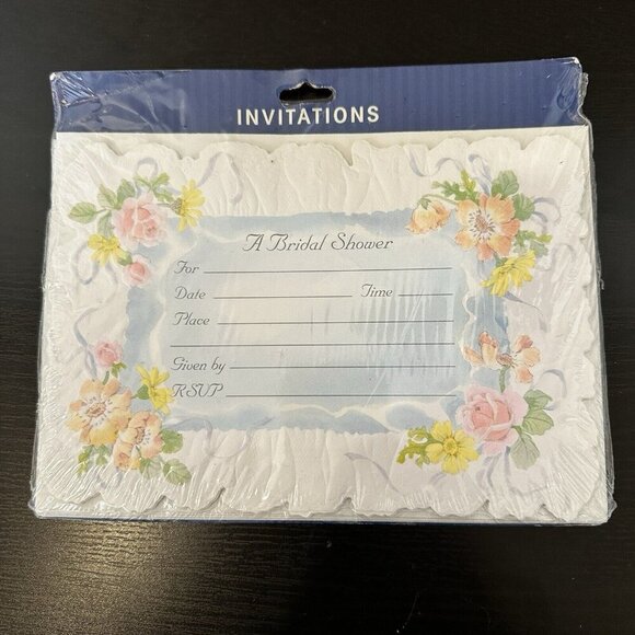 Vintage Flat Bridal Shower Invitations New In Package 8 Count Floral Dicut Edges - Picture 1 of 7